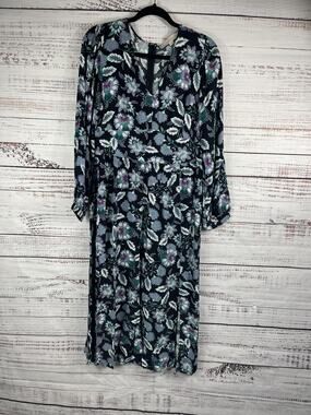 LOFT Dress Women's 10 Black Floral Long Sleeve Midi Puff Shoulder Slit Boho NWT